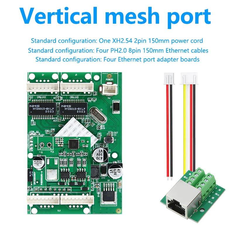 

4 10/100/1000 Base-T PH2.08PIN Port Switch PCBA DC 5V-52V Power Mini Switch Module