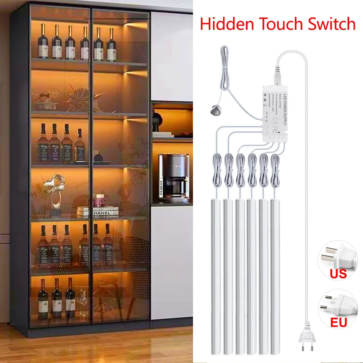 Under Cabinet Light with Touch Sensor,2/4/6Pcs LED Bar Light Hidden Embedded Switch,For Kitchen Wardrobe Shoe Closet Lighting