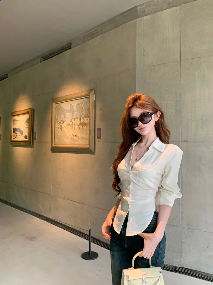 

Women's Long Sleeve Shirt Knot Back Waist Cinching Design Summer Fashionable Top Korean Style Commute Wind