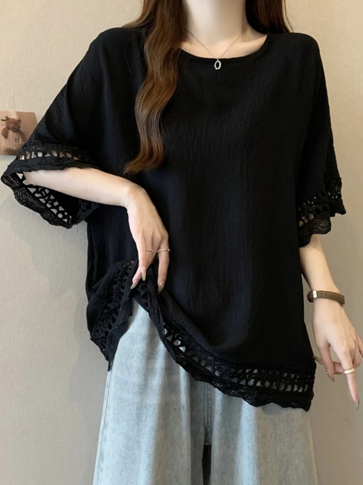 Loose Short Sleeve T-Shirt Women's Summer Fashion plus Size Base Shirt Fat MM Belly Covering High-End Lace Splicing Top