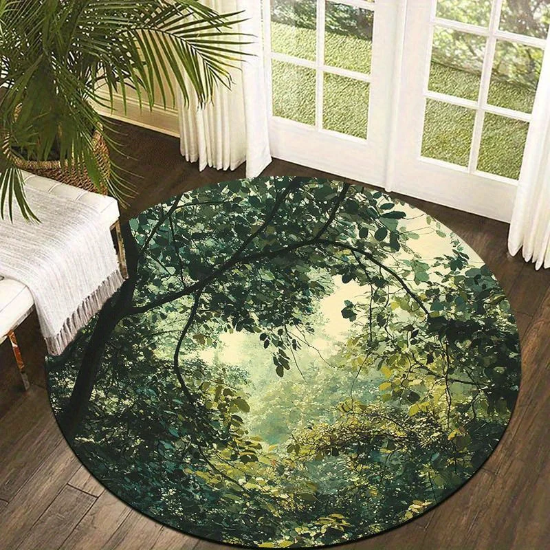 Round Forest Light and Shadow Print Rug Non-slip Floor Mat for Living Room Bedroom Meditation Space Home Decoration