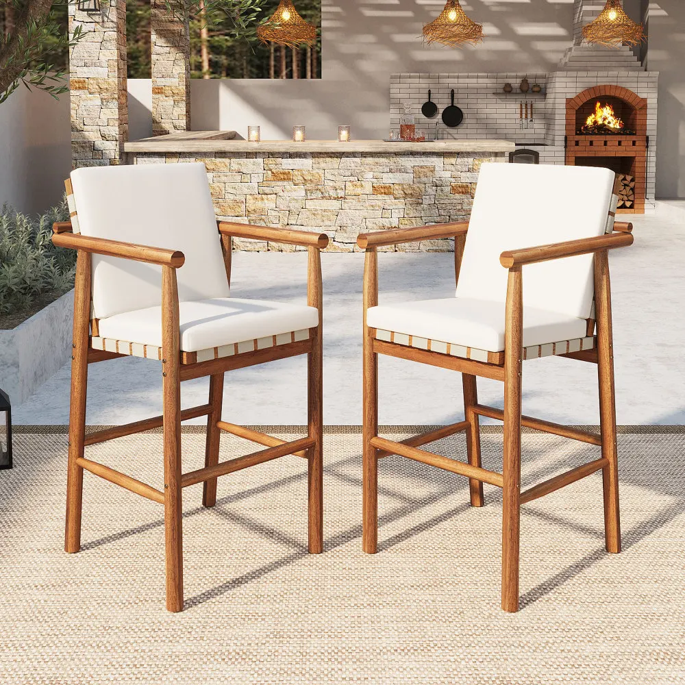 

Outdoor Counter Height Bar Stools Set of 2, Modern Acacia Wooden with Backrest Arm, Beige Cushions for Patio