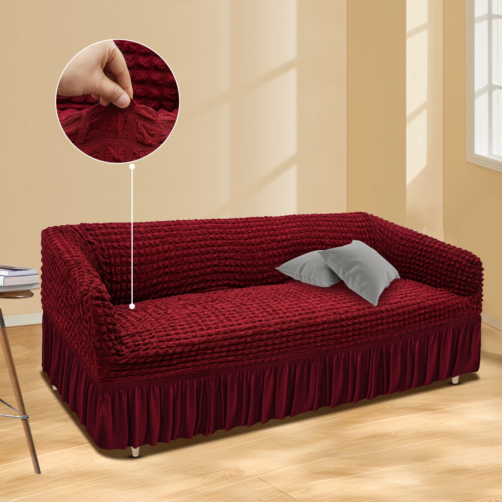 Wine Red Sofa Slipcover(Triple Seat)—95%Polyester+5%Polyurethane, Yarn Dye, Anti-Slip Foam/Elastic Band, Machine-Washable