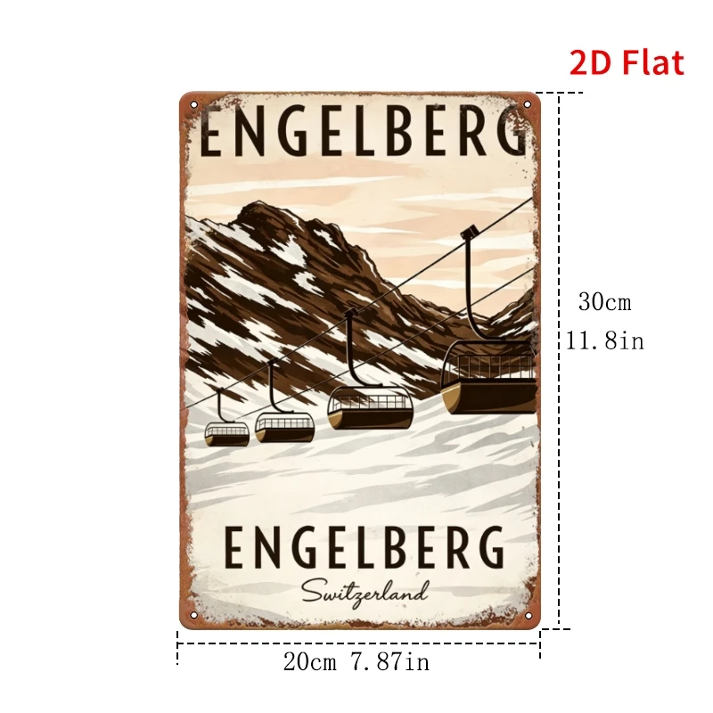 2D Flat Aluminum Tin Sign, ENGELBERG Alpine Landscape Vintage  Wall Decor for Country Entrance Corridor Coffee House Festival