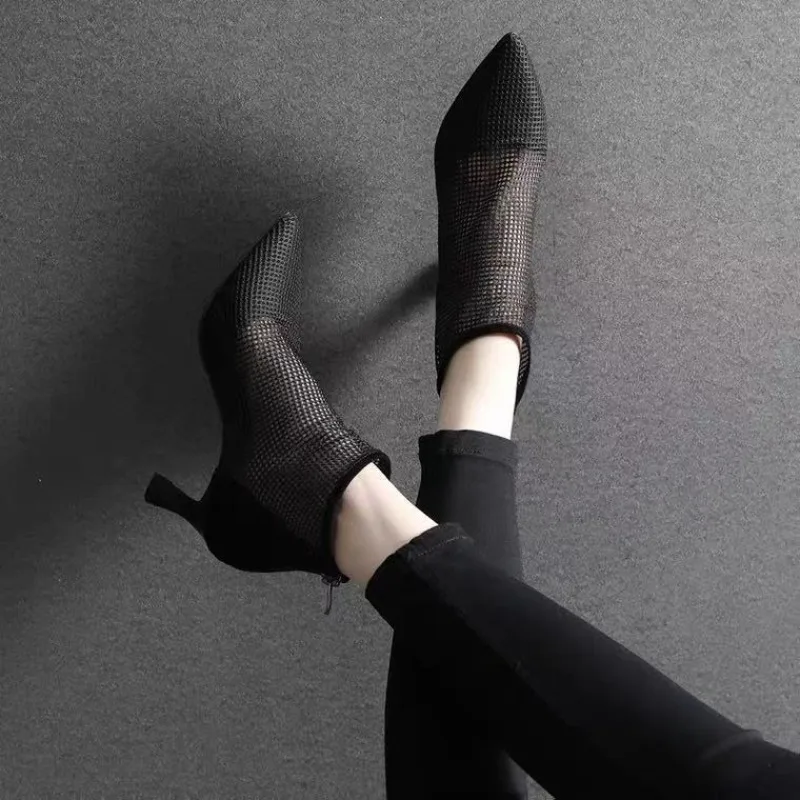 Short Shoes For Women Mesh Footwear Sandals Female Ankle Boots Sexy Pointed Toe Booties Trend 2025 On Offer Stylish Boot