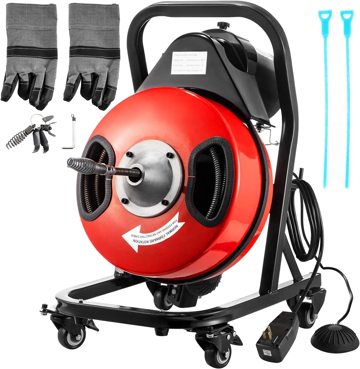 50FT X 1/2Inch Sewer Snake Cleaning Machine on 4 Wheels Electri Drain Auger with 4 Cutters & Foot Switch for 1''-4'' Pipes