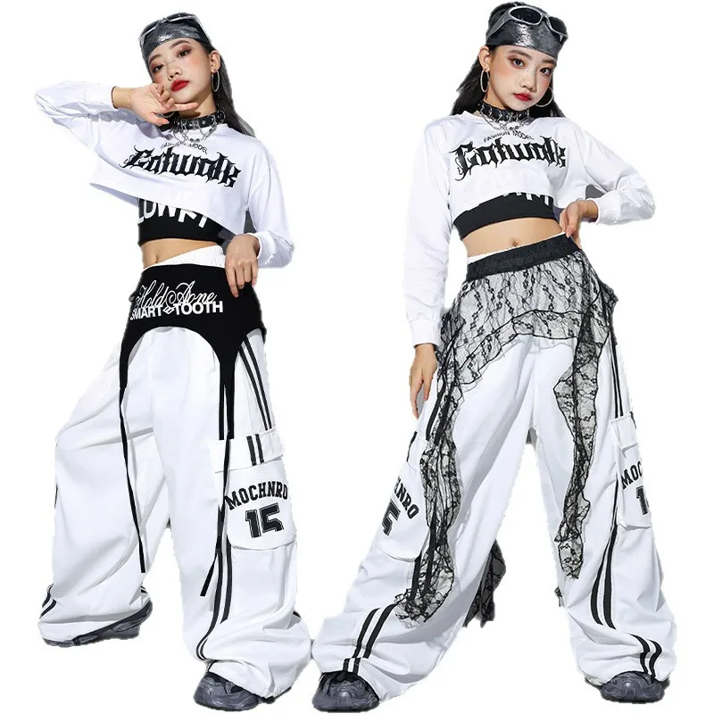 

Kpop Jazz Dance Clothing For Girls White Long Sleeves Crop Tops Black Baggy Hip Hop Pants Modern Dance Performance Wear