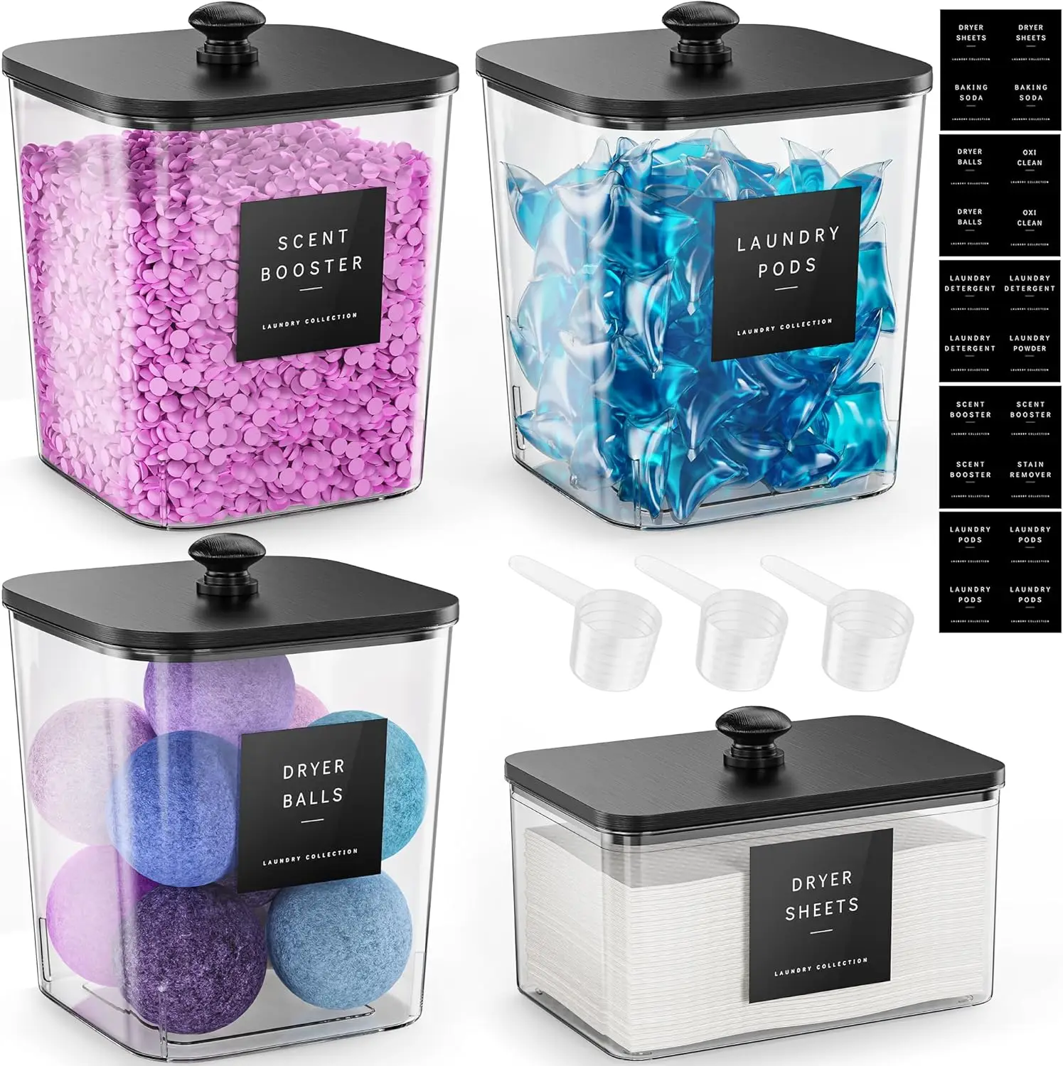 4 Pack Laundry Pods Container, Clear Laundry Room Organization Jars with Black Wooden Lids & Labels