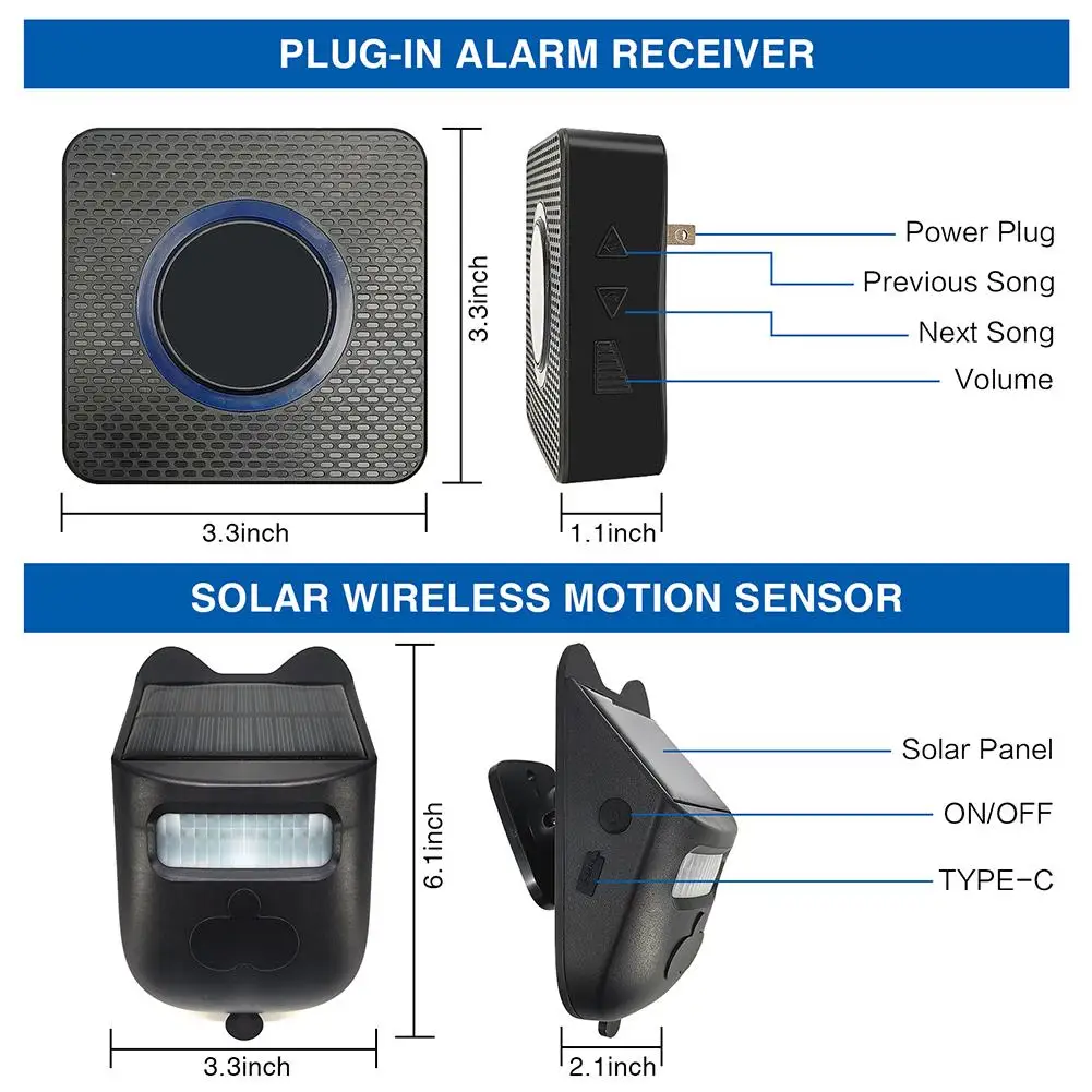 1set Solar Driveway Alarm Included 2 Receiver 1 Sensor Weatherproof Home Security Alert System For 300m Long Range