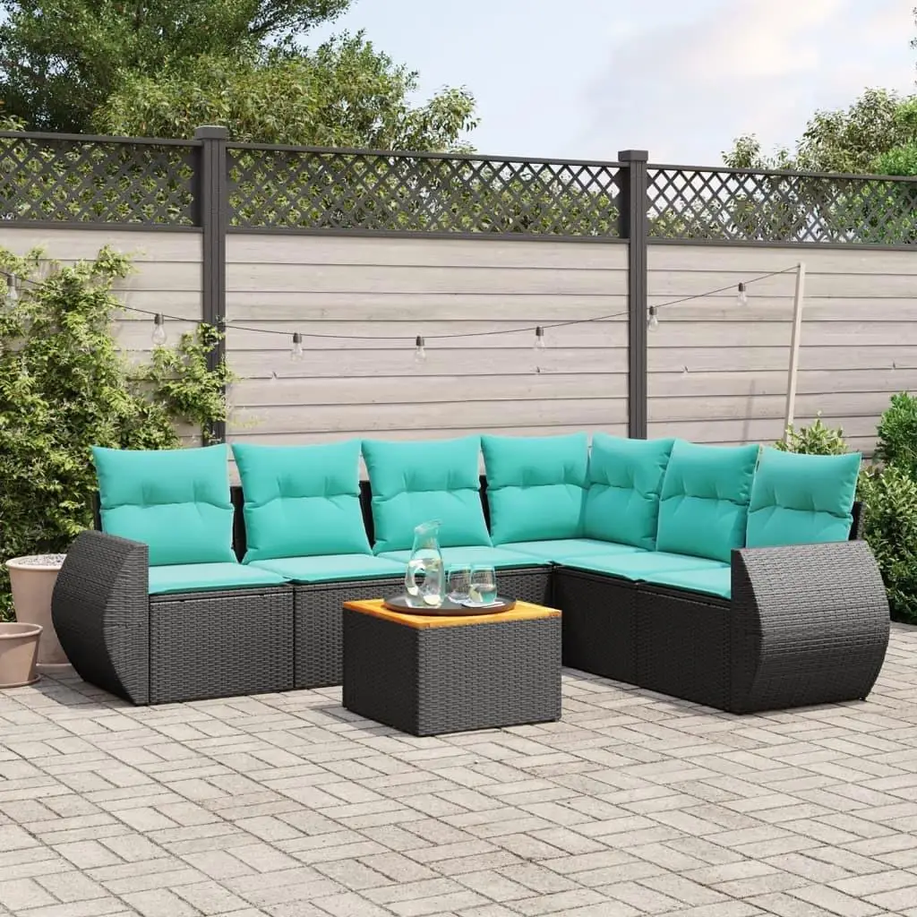 

7 Piece Outdoor Sofa Set with Cushions Black Rattan Patio Furniture