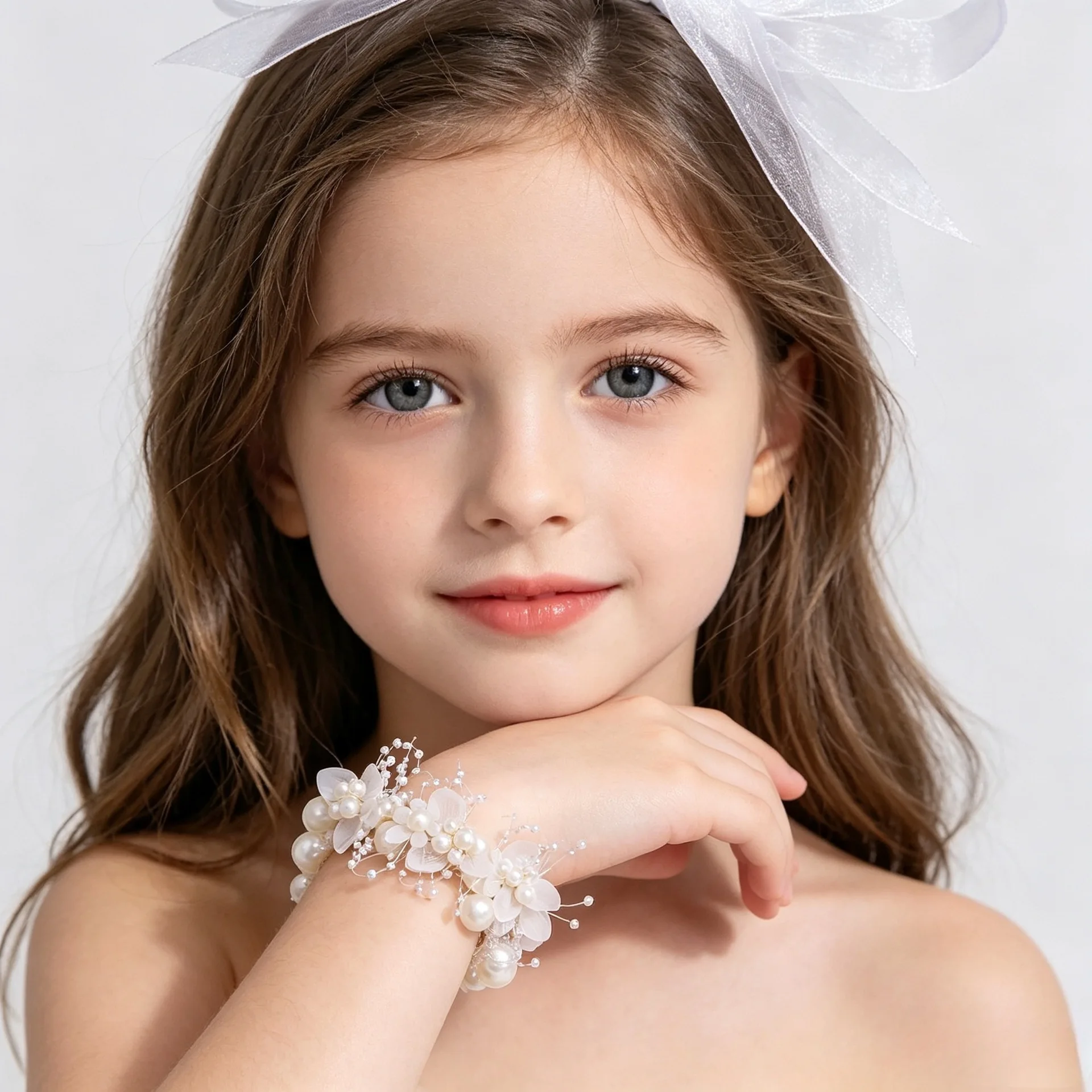 Bow children's wrist flower white pearl girl's wrist jewelry wedding flower girl bracelet children's stage decoration wrist jewe