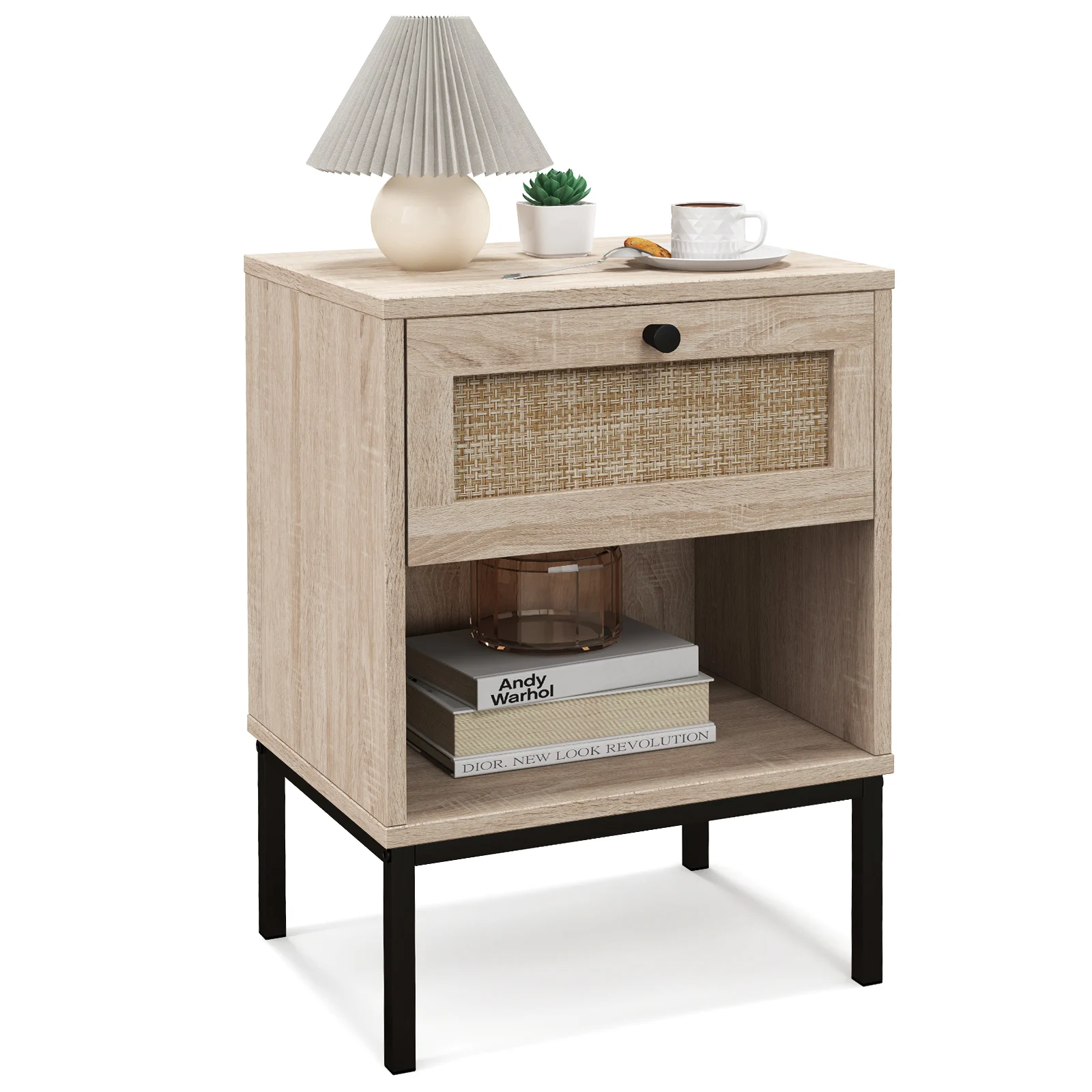 Rattan Nightstand Boho End Table with Drawer & Open Shelf for Living Room Oak