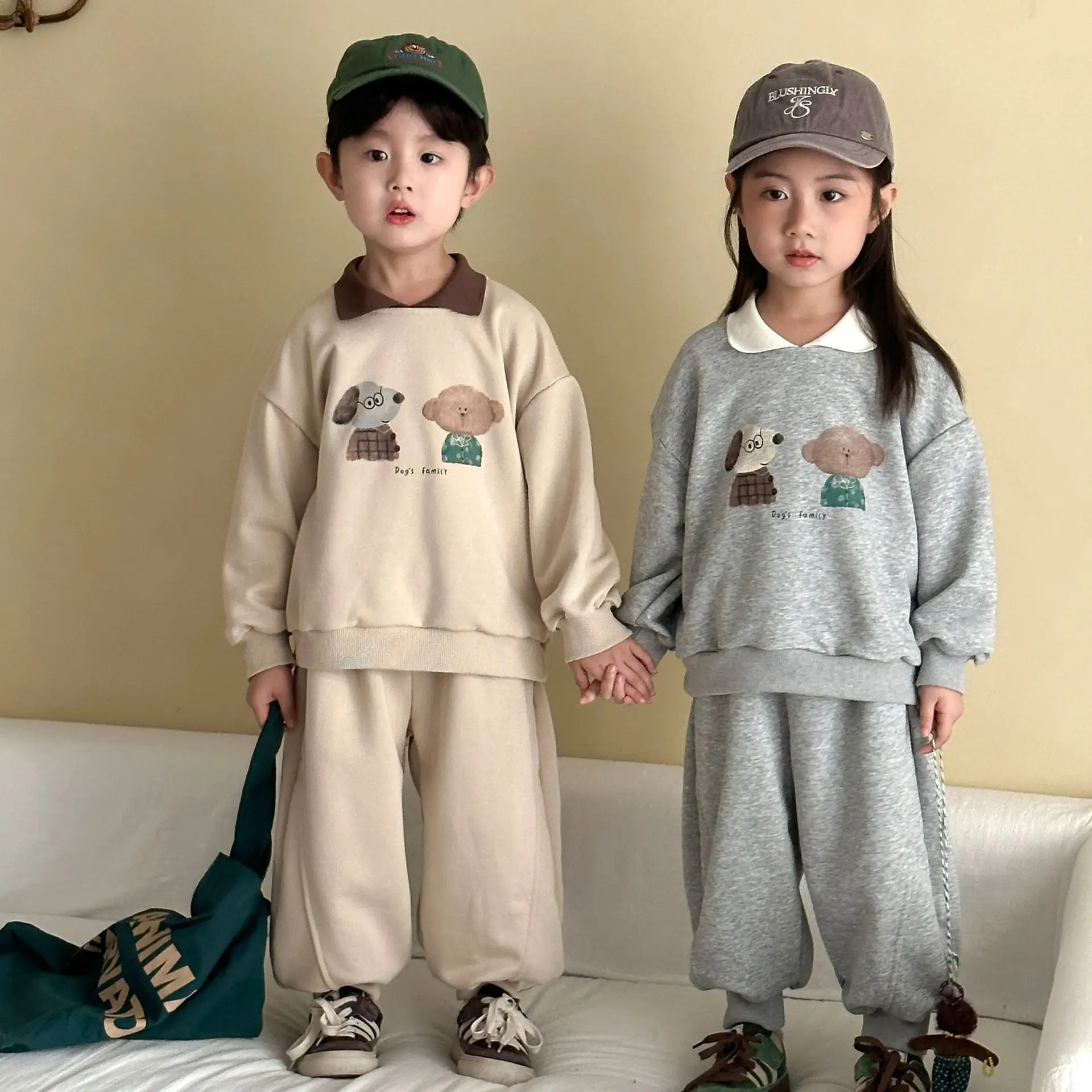 

LILIGIRL 2-8YKids Clothing Set Cartoon Print Boys Hoodie Suit Girls Turn Down Collar Sweatshirt And Pants 2 Pcs Boys Clothes Set