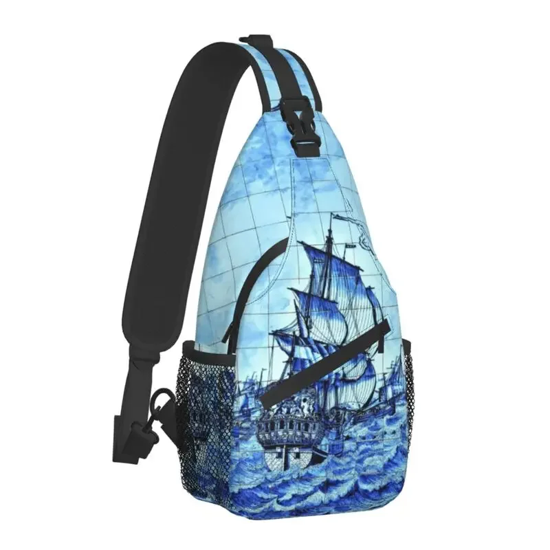 Casual Vinage Blue Delft Ship Fleet Tiles Sling Crossbody Backpack Men Retro Sailboat Shoulder Chest Bag for Camping Biking