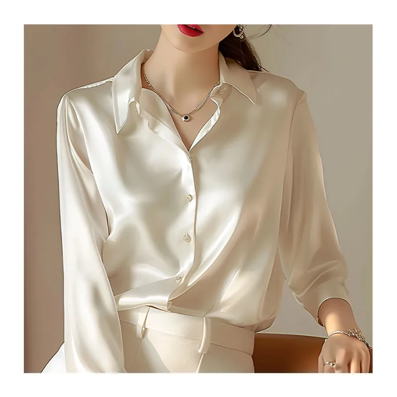 

Spring Autumn Casual Turn-down Collar Satin Shirts Women Solid Silk Blouses Tops Full Sleeve Female Shirts Elegant Ladies Blusas