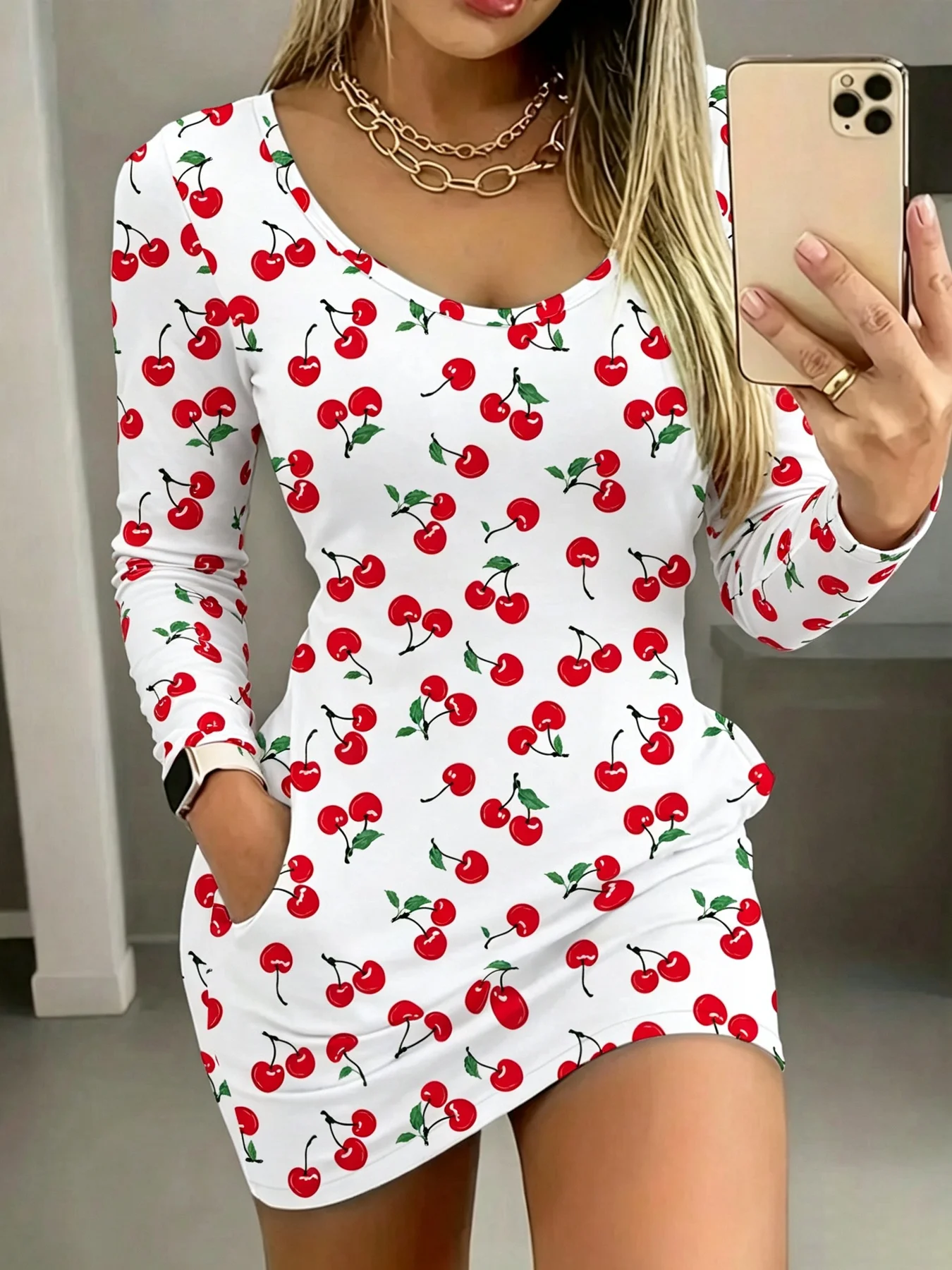 Women's Cherry Print Long Dress Casual Round Neck Long-Sleeved Pocket Detail Mini Skirt Design Elegant Fashion