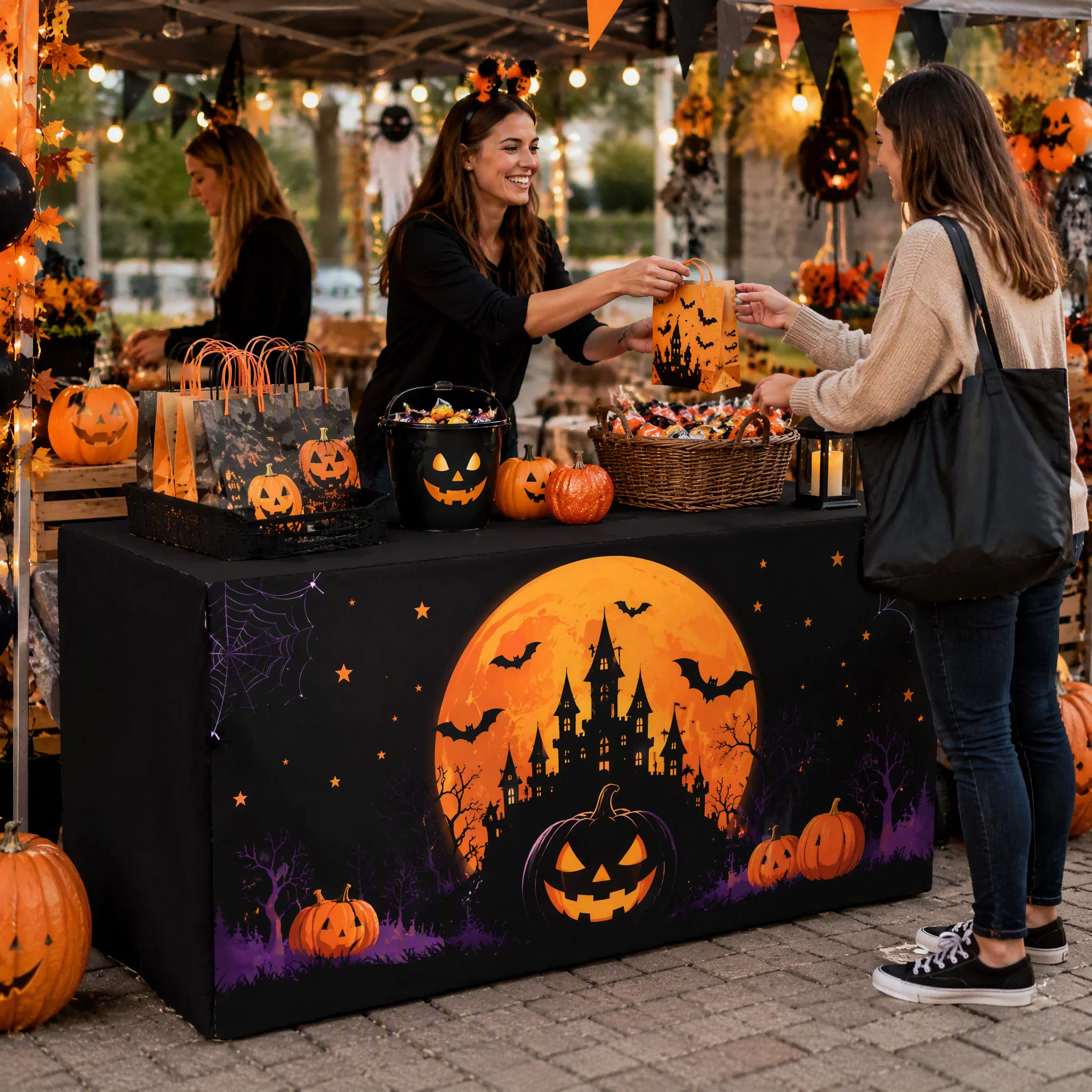 Custom Halloween Tablecloth Personalized Party Table Cover Spooky Pumpkin Ghost Castle Print Tablecloth for Home Decor Event Par