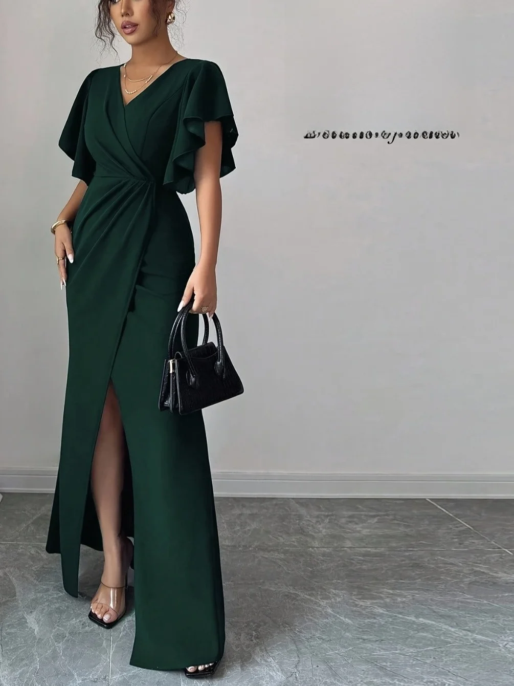 

Sensual Light Luxury k Blue High Waist Slim ort Sve Dr with Slit for Annual Meeting And Par V-Ne Knitted Dr