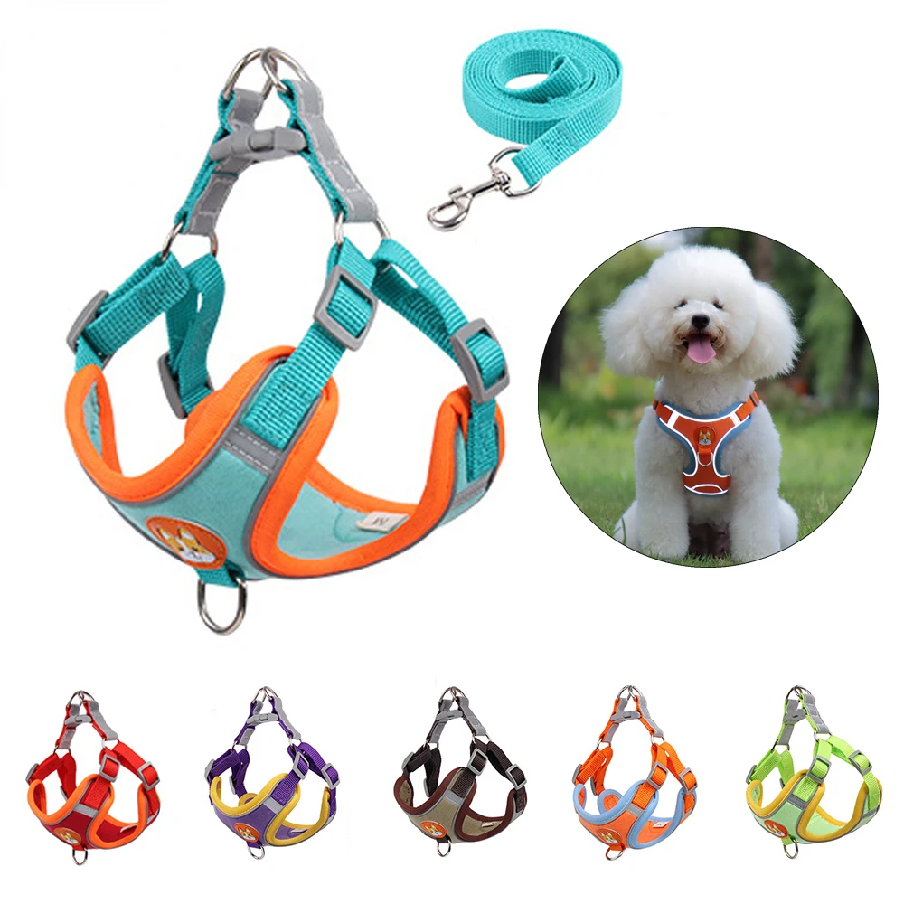 Pull Pet Dog Harness and Leash Set Adjustable Puppy Cat Harness Vest Reflective Walking Lead Leash  Small Dogs Chihuahua Dog tag