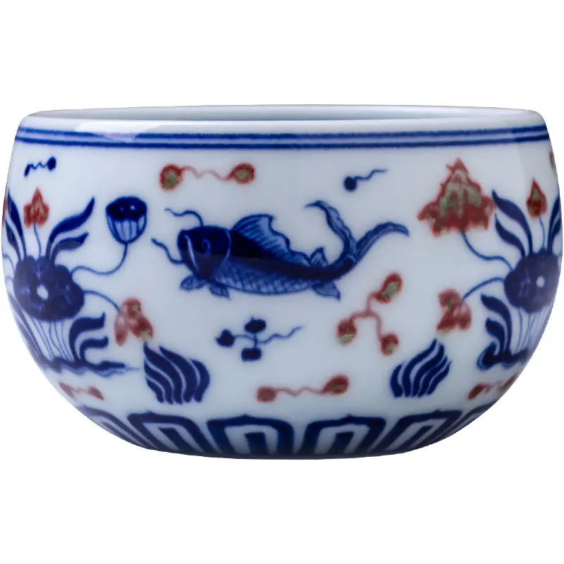 |kunfu tea sample tea cup hand-painted ceramic blue youligong red fish algae lines lie fa cup jingdezhen tea by hand