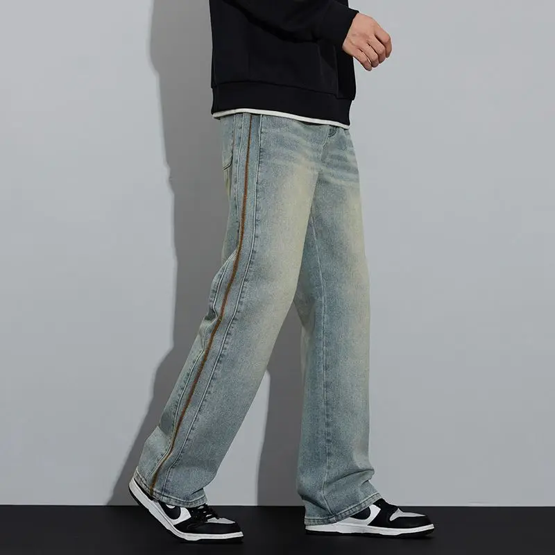 2025, nueva gran oferta, pantalones de pierna ancha gruesos para hombre, pantalones vaqueros informales de felpa lisos concisos, pantalones vaqueros de alta sociedad Retro ajustados para uso diario