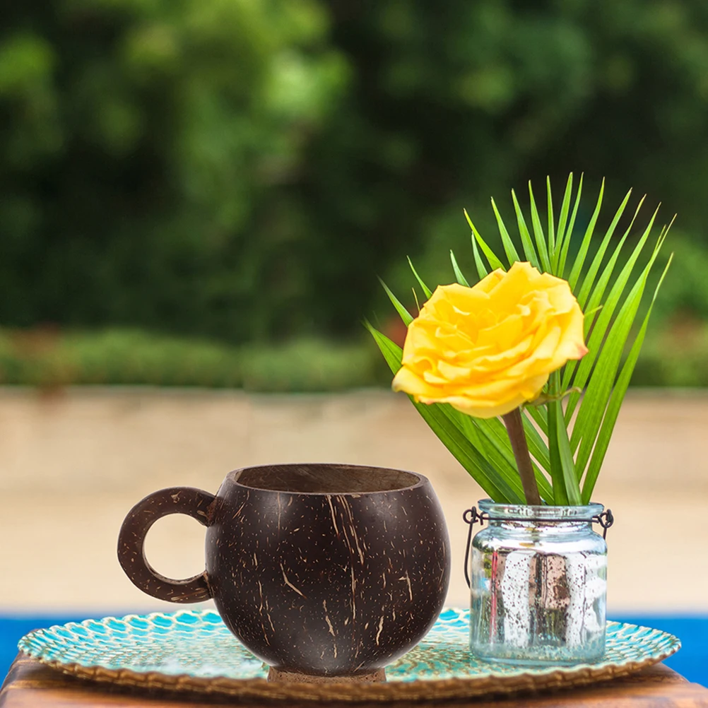 

2 pcs Coconut Shell Cup 300 350ml Large Capacity Mugs with Handle Base for Coffee Juice Tea Milk Wooden Mug Glass Container