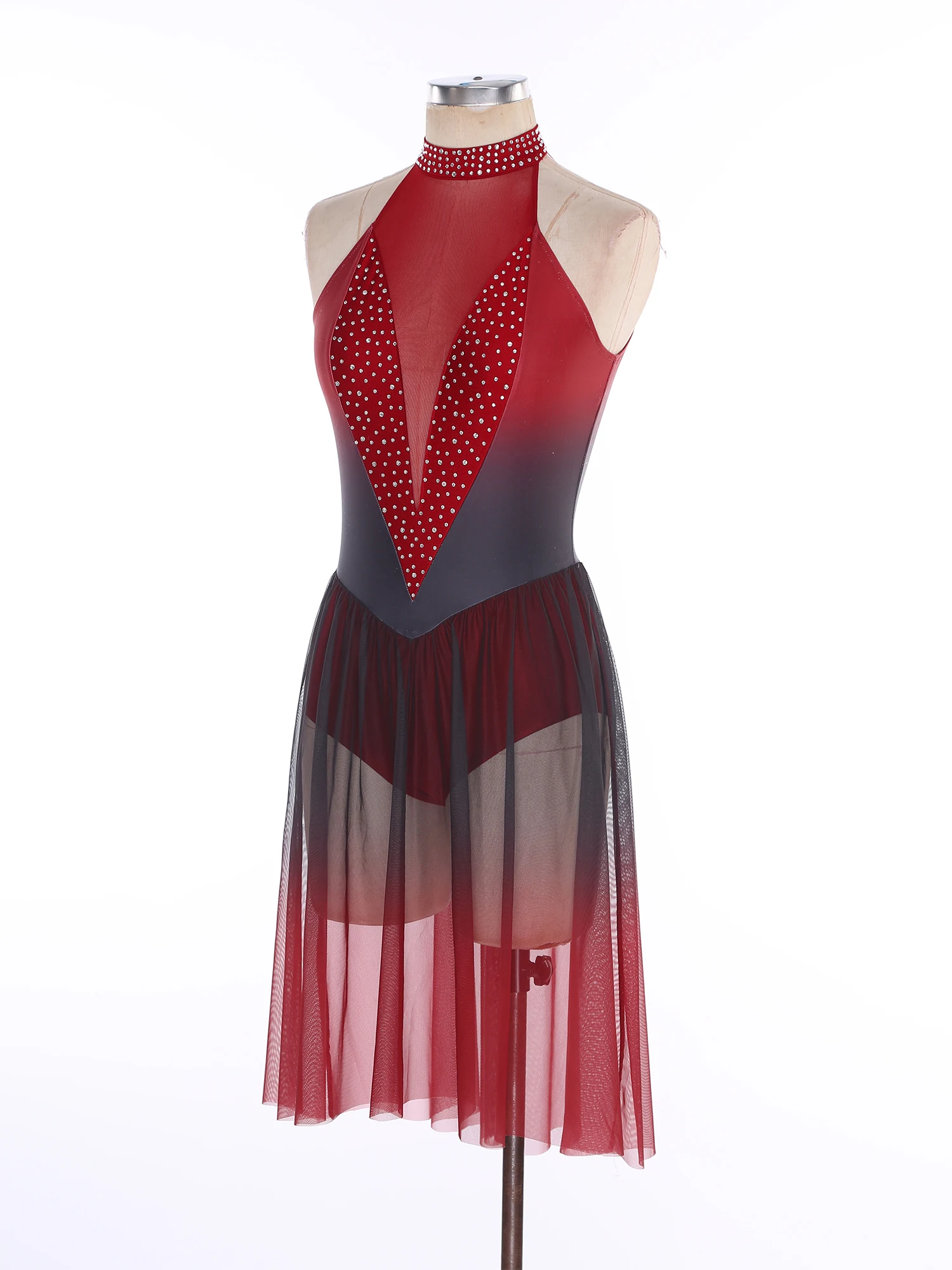 المرأة الراين الشكل التزلج على الجليد فستان الرسن أكمام بقماش شفاف الجمباز رداء رقص الباليه المعاصرة الغنائية Dancewear