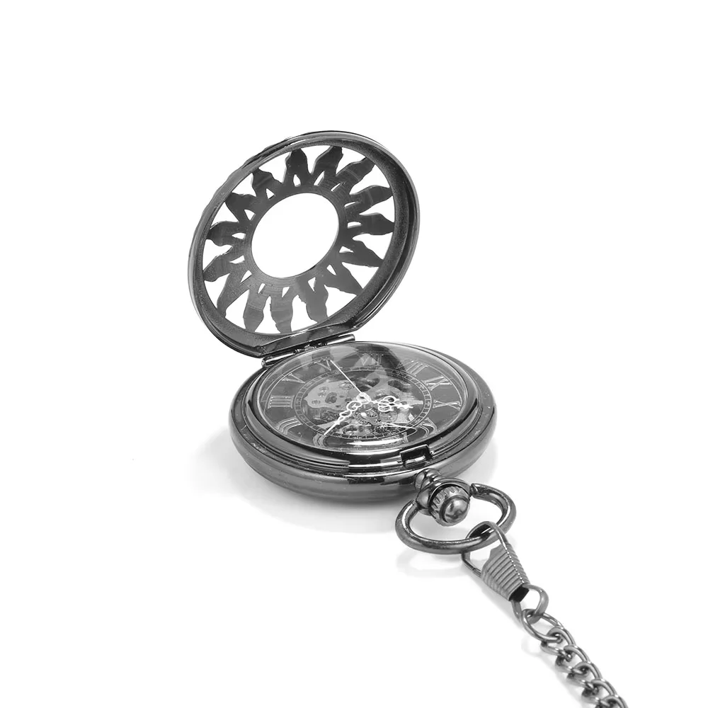 Carved flame sun flower black face Roman lettering personality exquisite gift gift large flip mechanical pocket watch