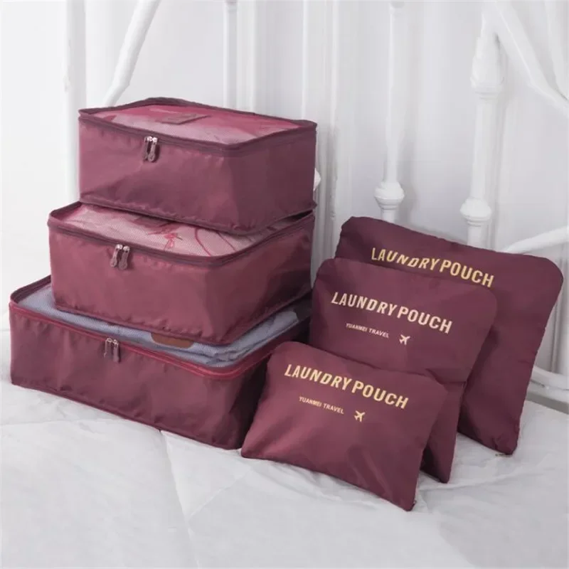 6Pcs Luggage Travel Bags Underwear Shoes Storage Bag Oxford Waterproof Cloth Suitcase Pouch Cube Red Organiser For Clothing