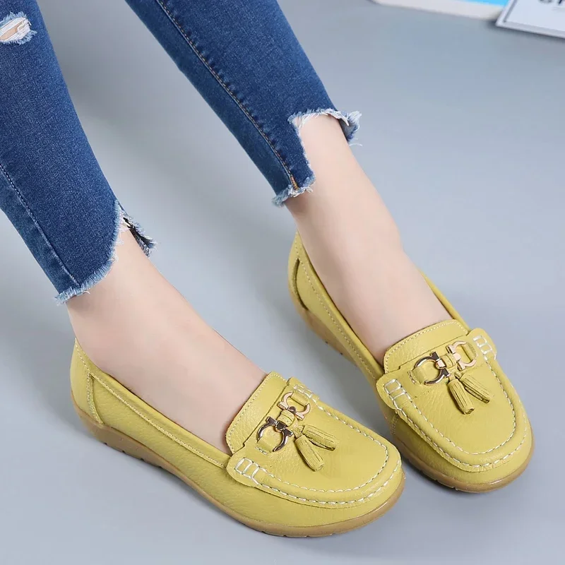 2024 Women Flats Genuine Leather Shoes Woman Platform Casual Soft Women\'s Loafers Shallow Slip On Shoes Women Nurse Ladies Shoes