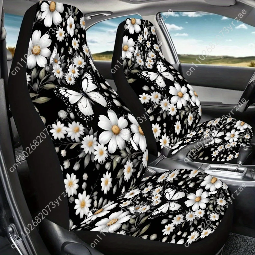 

White Daisy Butterfly Car Seat Covers Universal Environmentally Friendly Interior Decorations Comfortable Breathable Seat Covers