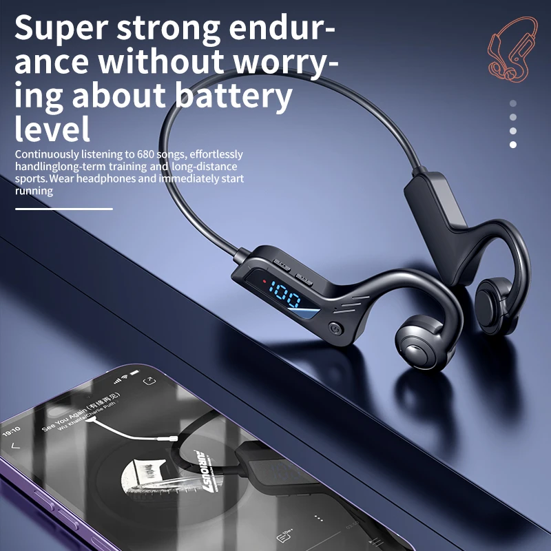 Słuchawki Bluetooth z przewodnictwem kostnym, z cyfrowym wyświetlaczem, Bluetooth 5.3, wodoodporne, sportowe słuchawki douszne z gniazdem na kartę. — zdjęcie produktu 6