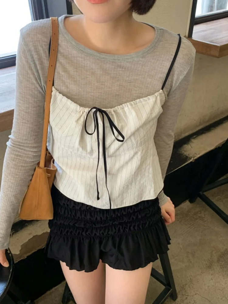 

Ультра-крутой жилет в тонкую полоску с цветовыми ремнями, простой женский жилет в вертикальную полоску с узлом для поездок на работу, слинг...