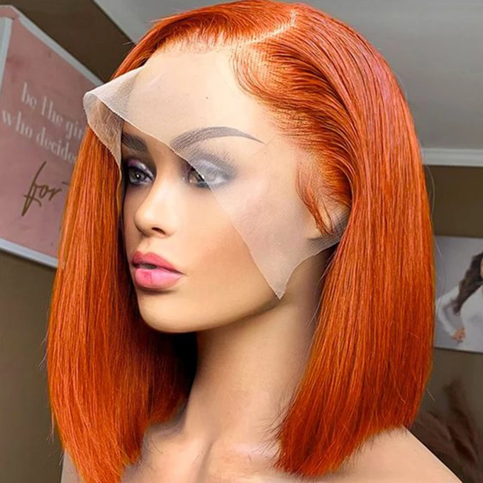 Pelucas Bob de jengibre naranja, cabello humano corto sin pegamento, peluca Bob de color marrón, pelucas de cabello humano Frontal de encaje 13x4 para mujeres, densidad 180