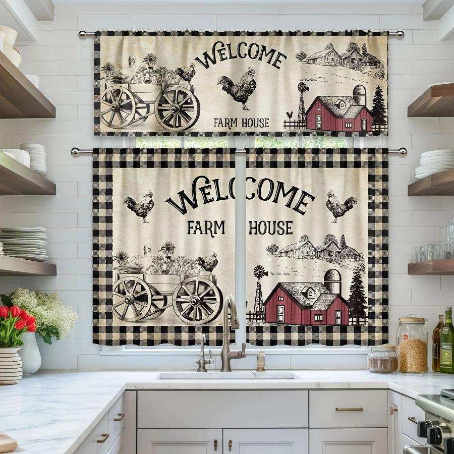 Vintage Farm Kitchen Curtains, Rooster Barn Wagon Plaid, Digital Print, Kitchen Dining Room, Rod Pocket Polyester, Home Decor