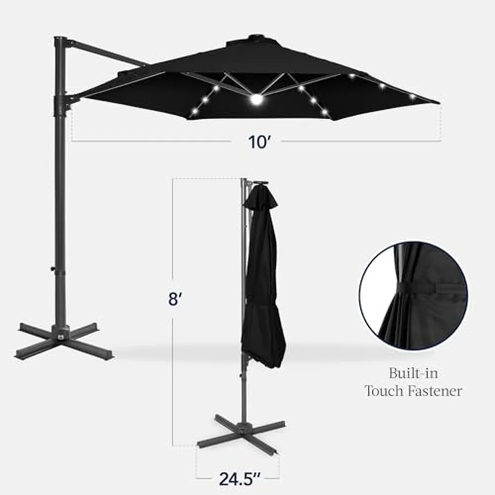 10ft Solar LED Offset Cantilever Hanging Market Patio Umbrella Smooth 360° Rotation 8 Sturdy Ribs Easy Adjustment Black
