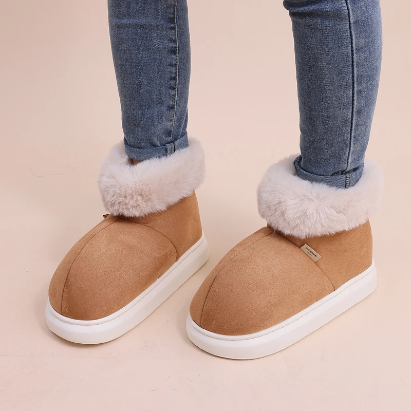 Bebealy Suede Plush Slipper For Women Fashion Fluffy Faux Fur Collar Home Slippers Outdoor Warm Antiskid Casual Furry Snow Boots