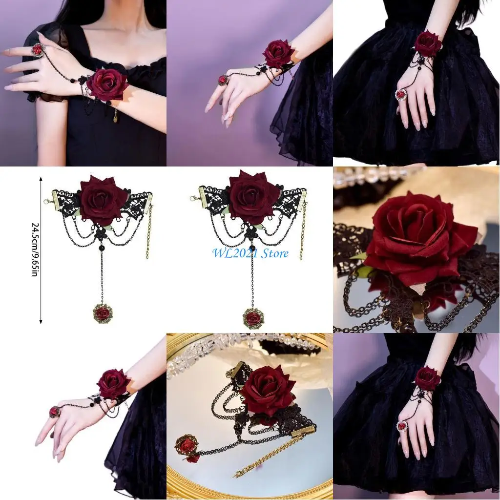 

G5GC Women Cosplay Wristband Fingerless Rose Flower Gloves Gothic Chain Wrist Guard