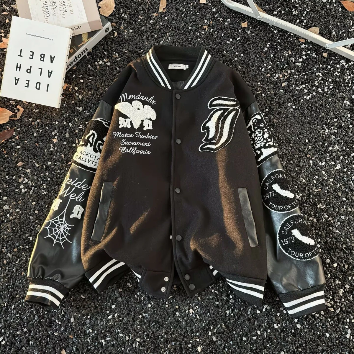 

Retro Streetwear Ghost Embroidery Baseball Jacket Men's Spring Autumn Hip Hop Jacket Couple's Outerwear Standard Fit Long Sleeve