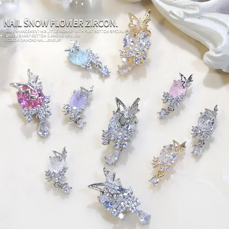 1pcs New Pretty Ice and Snow Flower Zircon Jewelry Explosion Flashing Blue Red Luxury Butterfly Diamond 3D Metal Nail Decoration