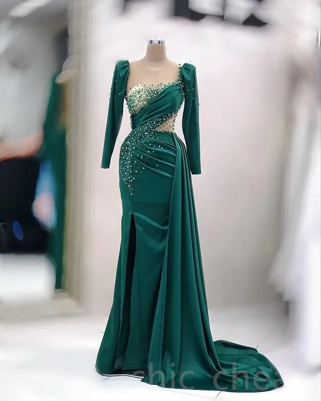 Green African American Prom Dresses Mermaid Long Sleeves Pearls Black Girls Nigeria Dubai Saudi Arabia Evening Dresses Gown