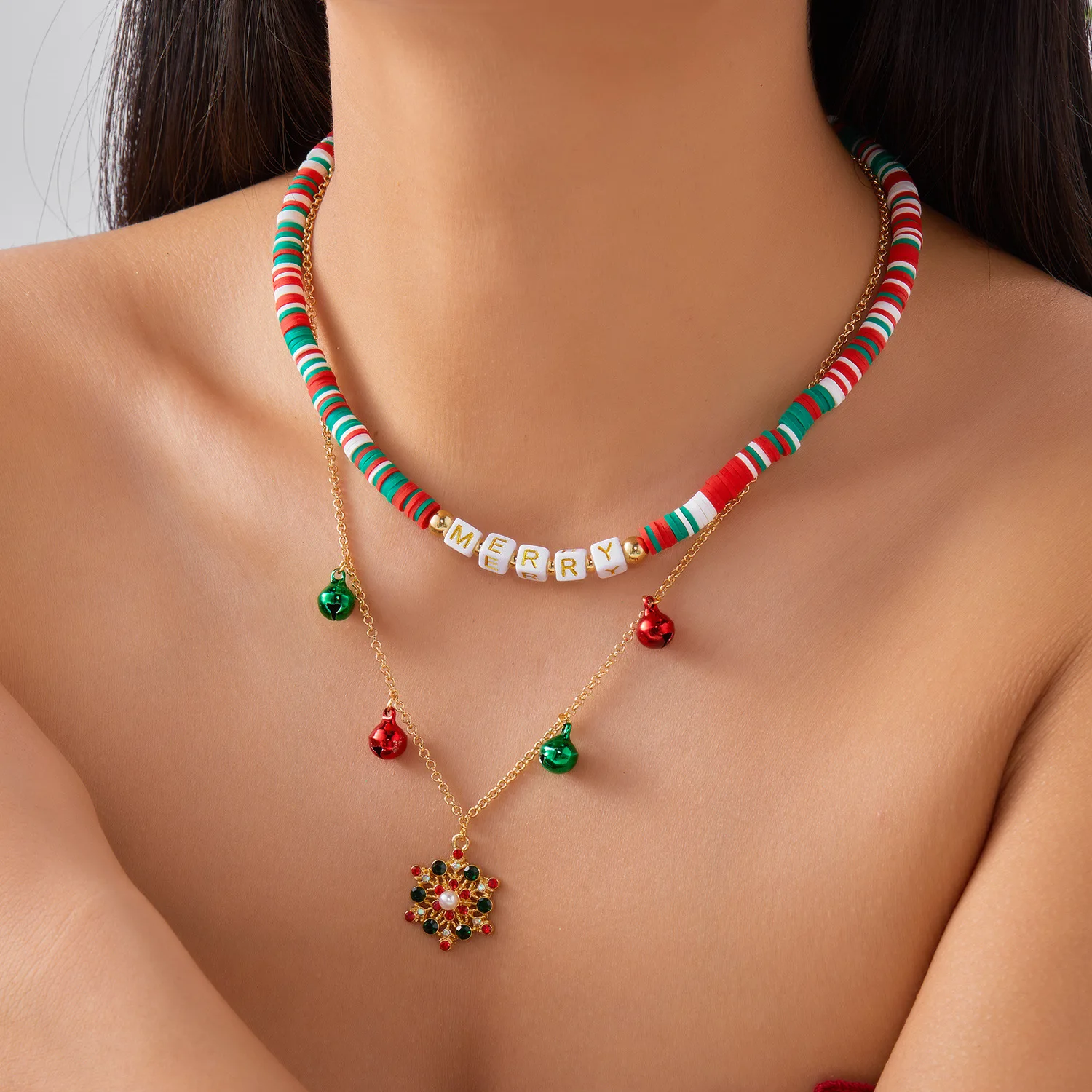 Retro new Christmas necklace cartoon contrasting color Christmas tree snowman snowflake bell pendant soft pottery stacked neckla