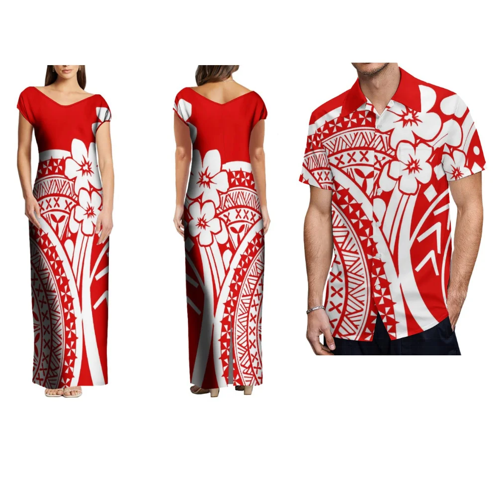 Conjuntos de casais samoanos com estampas florais polinésias, ilha tribal, vestidos femininos e camisas formais havaianas masculinas