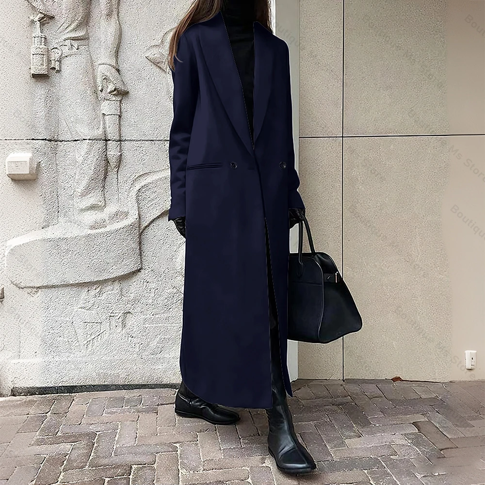 Chic Double Breasted Black Women Long Blazer Female Daily Coat Formal Ankle Length Dress пиджак женский
