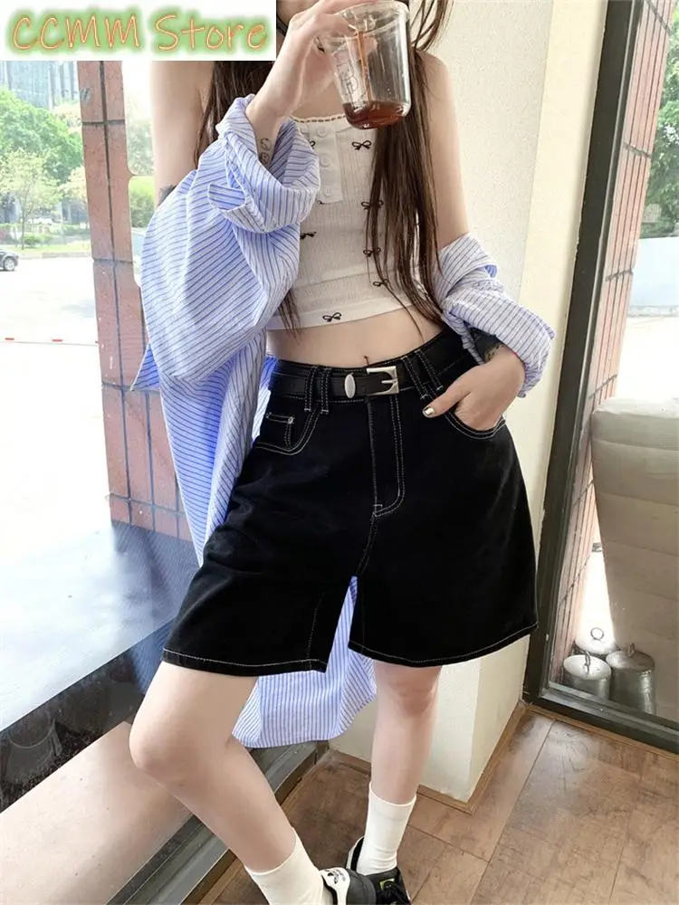 Summer Women's Black High Waisted Wide Leg Mid Length Pants Young Girl Bottom Female Bright Line Decoration Black Denim Shorts