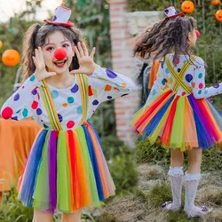 New Halloween Carnival Children's Joker Costume Performance Dress Grid Stage Dance Rainbow Fluffy Dress Children's Clothing