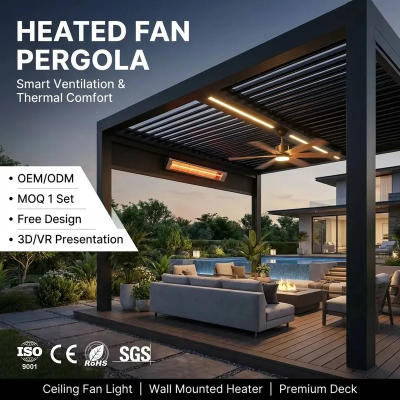Modern Motorized Aluminum Louvered Pergola Ceiling Fan Light Wall Mounted Heater Balcony Residential Backyard Deck Lounge Gazebo