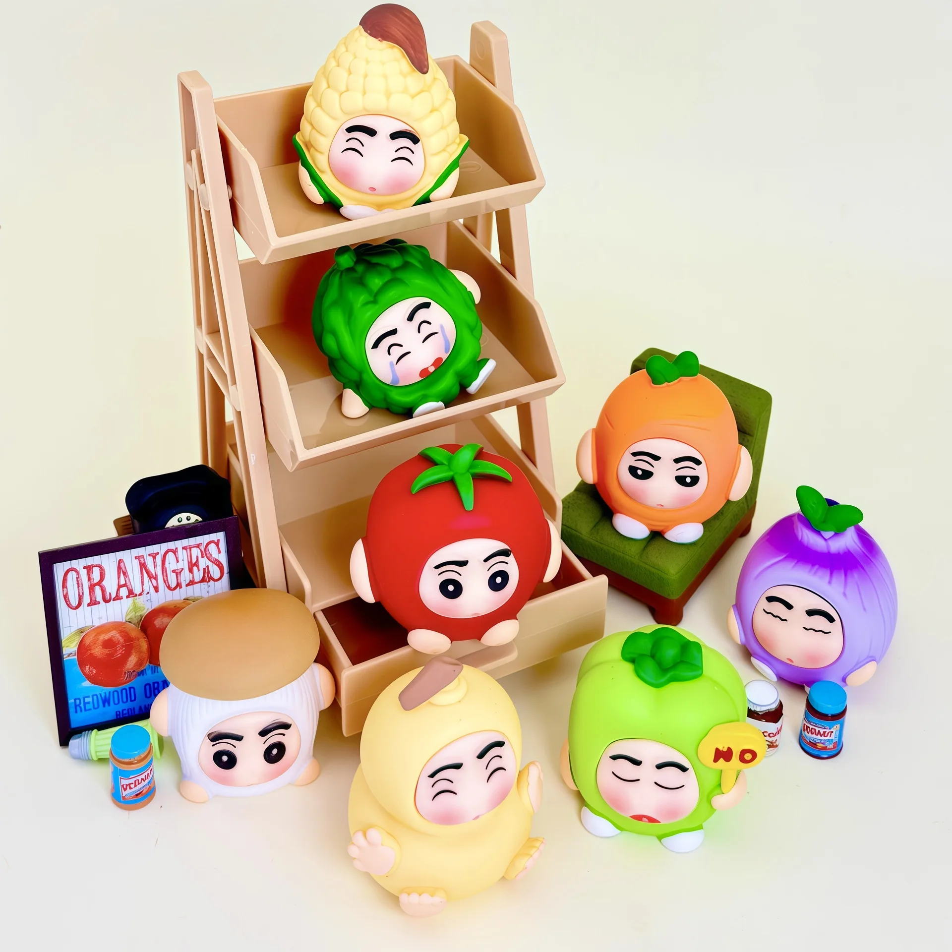 8pcs/Set Vegetables and Fruits Crayon Shin-chan Mini Figurine Toy Collectible Model Doll Desktop Home Decoration Fans Gift