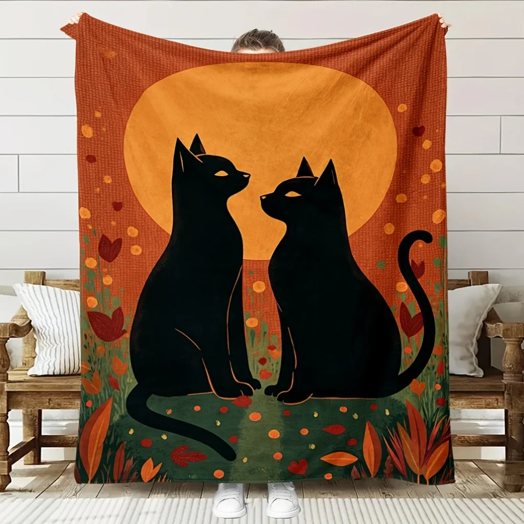

1pc Cat & Moonlit Night Design Flannel Blanket - Soft Breathable All-Season Bedspread with Two Cats Silhouettes, Orange & Green