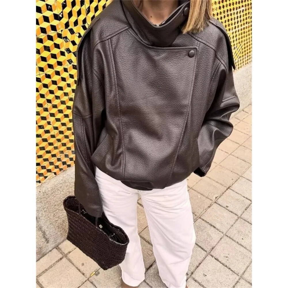เสื้อแจ็คเก็ต PU ผู้หญิง แจ็คเก็ตหนังเทียม แขนยาว สไตล์มอเตอร์ไซค์ แฟชั่น  สำหรับฤดูใบไม้ร่วง  รุ่นใหม่